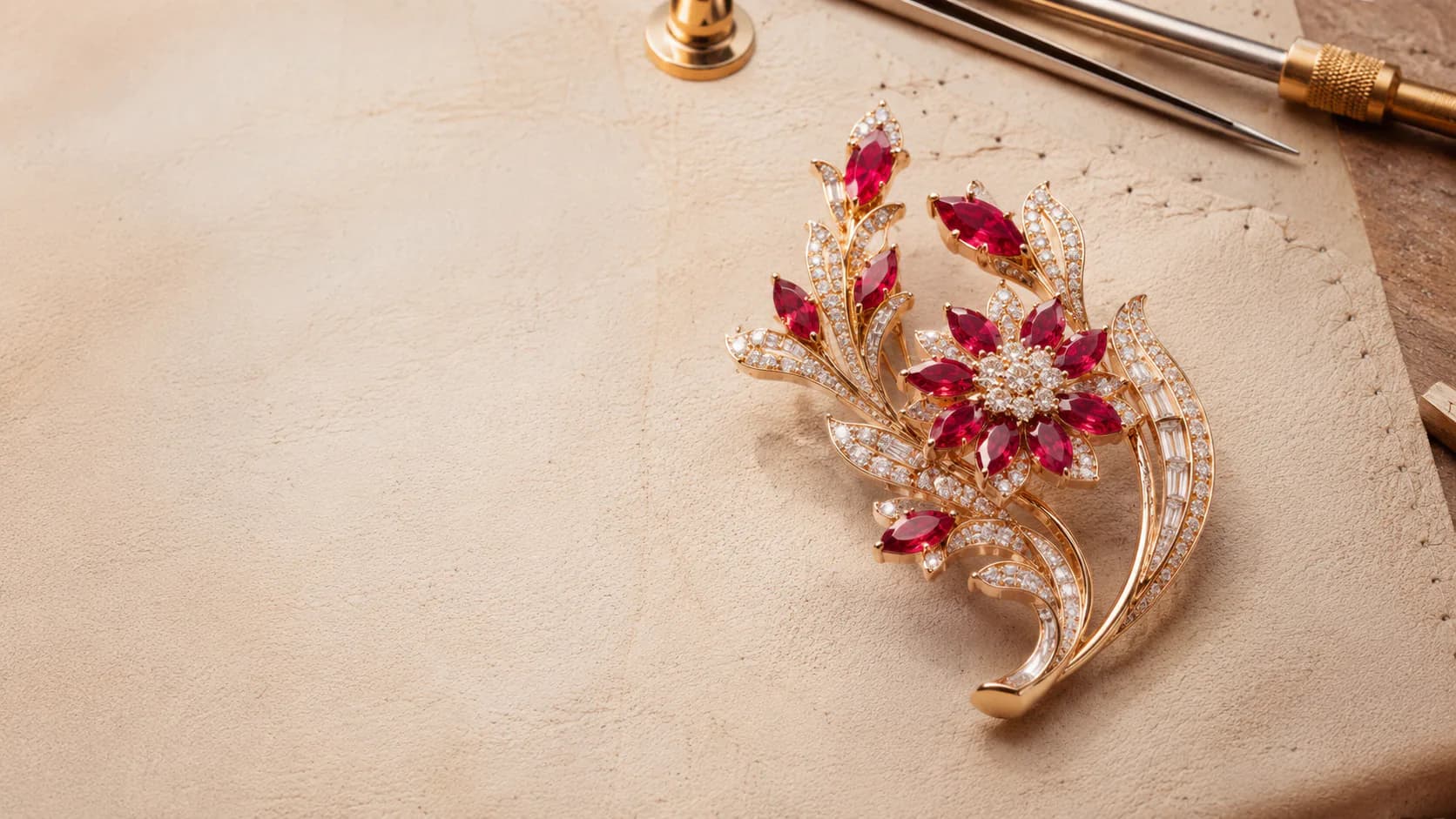 Ruby and diamond brooch resting on an artisan workbench