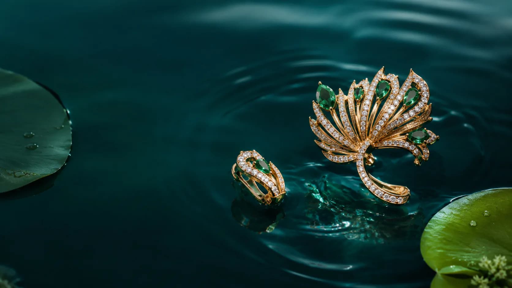 Gold gemstone flower floating on deep teal water