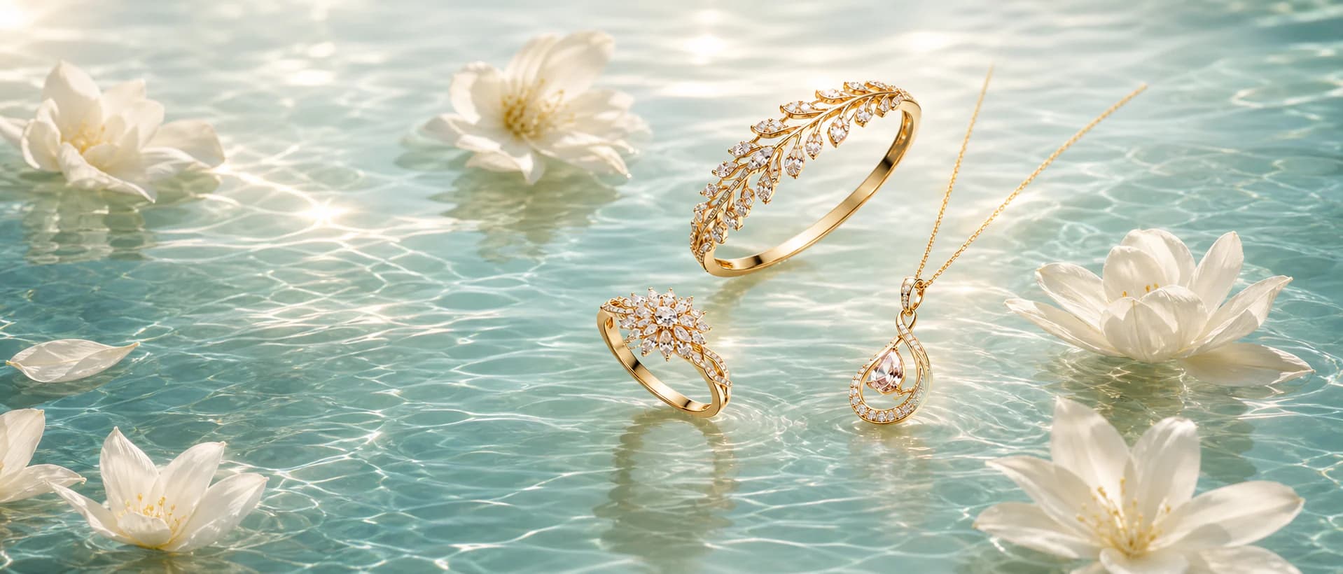 Fine jewellery arranged over a luminous water surface